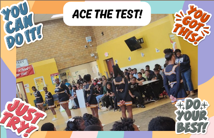   Cheerleaders standing in the middle of the cafeteria before they perform.